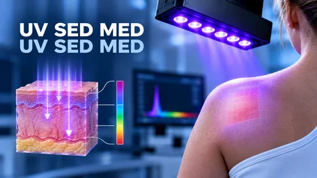 UV-LED-Bestrahler über einer Schulter mit gerötetem Bestrahlungsfeld, links ein Hautschichtmodell mit Eindringtiefen und Wellenlängenskala – Standard Erythema Dose und Minimal Erythema Dose