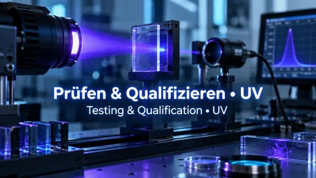 Optischer Messaufbau: UV-Strahl durch eine Probenküvette zum Detektor, daneben das Spektrum auf dem Monitor – Prüfen & Qualifizieren