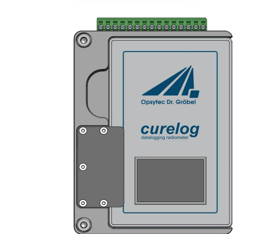 Dockingstation curelog DOCK von vorn: aufgestecktes curelog und Klemmleiste für den Anschluss an die Steuerung über RS-485 oder RS-232.