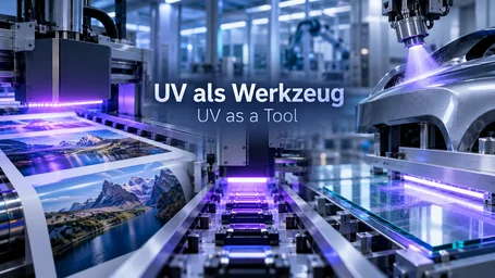 Fertigungslinie mit UV-Aggregaten: links ein UV-Digitaldruck mit frisch gehärtetem Bild, in der Mitte UV-LED-Module über Glasplatten, rechts die Lackierung eines Karosserieteils – UV als Werkzeug