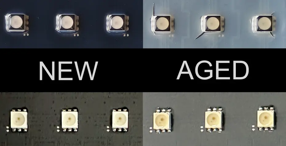 Das Bild veranschaulicht den Vergleich zwischen neuen und UV gealterten elektronischen Bauteilen am Beispiel von Leuchtdioden.