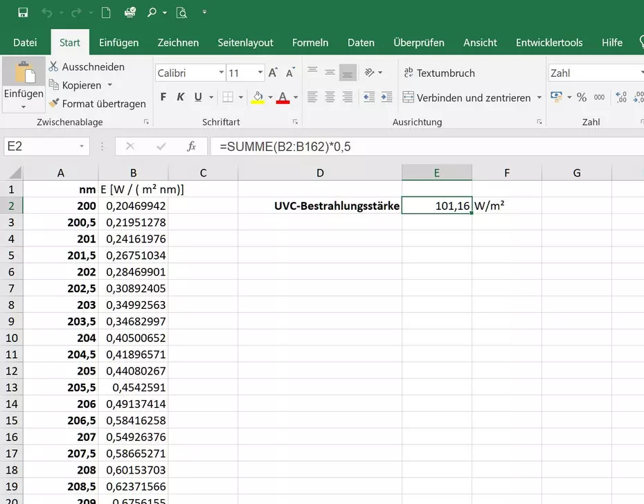 Bestrahlungsstärke in Excel aus Spektrum berechnen
