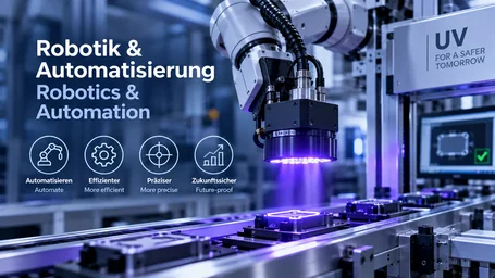 Roboterarm mit UV-LED-Werkzeug bestrahlt Bauteile auf einer automatisierten Fertigungslinie, daneben die Symbole Automatisieren, Effizienter, Präziser und Zukunftssicher – Robotik & Automatisierung