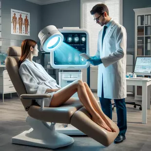 Eine Szene aus einer Hautklinik, in der ein Patient einer UV-Messung unterzogen wird. Schauplatz ist eine moderne Klinik mit einem Dermatologen, der ein UV-Lichtgerät bedient
