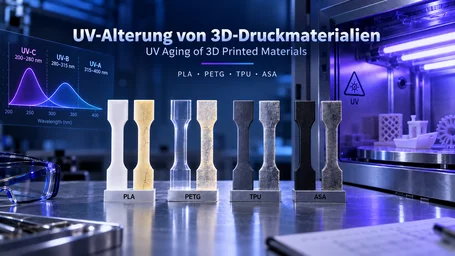 Zugproben aus PLA, PETG, TPU und ASA jeweils neben ihrem UV-gealterten Gegenstück, links die Spektren von UV-C, UV-B und UV-A – UV-Alterung von 3D-Druckmaterialien