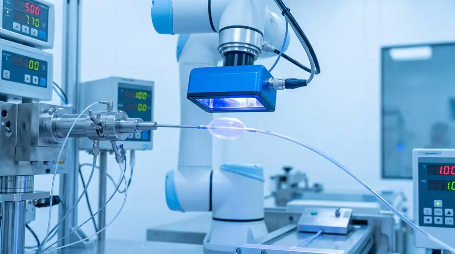 Sechsachsiger Roboterarm positioniert eine UV-LED-Spotquelle über einer Klebestelle an einem Schlauch- bzw. Ballonbauteil, im Hintergrund Steuergeräte mit Temperatur- und Dosisanzeige