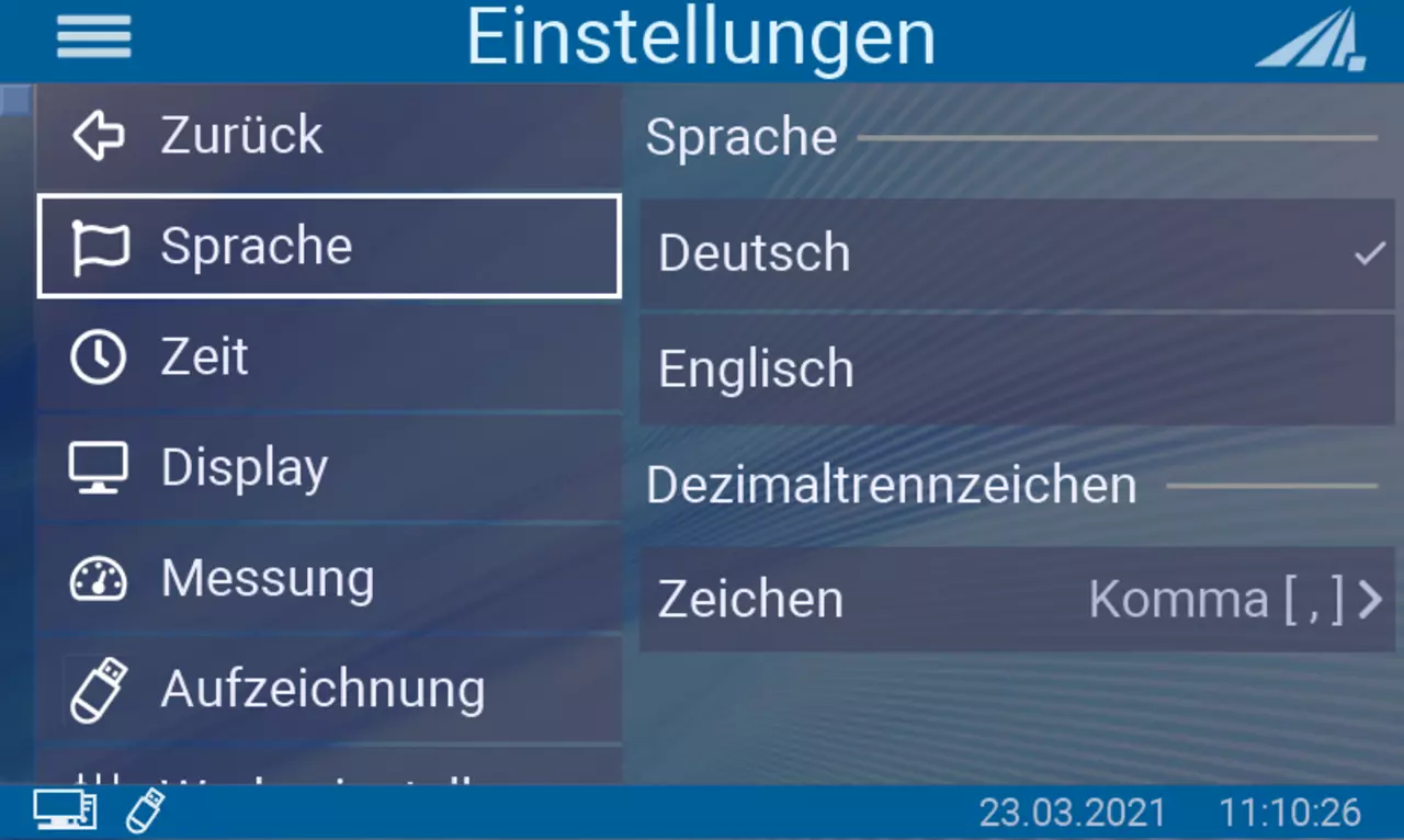 UV-Messgerät RMD Touch -Einstellungen Sprachumschaltung