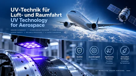 Verkehrsflugzeug und Satellit über den Wolken, darunter ein UV-LED-Strahler über einem Carbonfaser-Bauteil, daneben die Symbole Qualität, Zuverlässigkeit, Zertifizierte Prozesse und Innovation – UV-Technik für Luft- und Raumfahrt