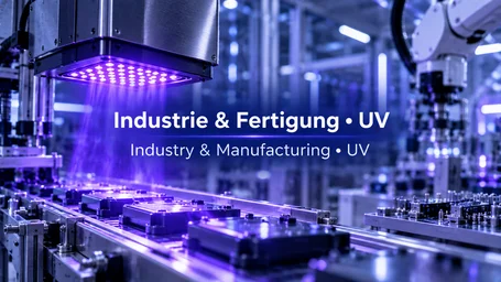 UV-LED-Flächenstrahler über Bauteilen auf dem Förderband einer automatisierten Fertigungslinie – Industrie & Fertigung