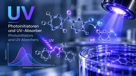 Molekülmodelle spalten sich unter UV-Einstrahlung in Radikale auf, links Absorptionskurven über der Wellenlänge – Photoinitiatoren und UV-Absorber