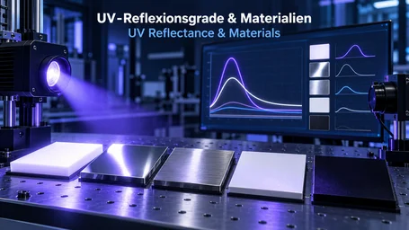 Materialproben – PTFE, Aluminium, Edelstahl, weiße Farbe und schwarzer Lack – unter UV-Licht mit Reflexionskurven auf einem Monitor