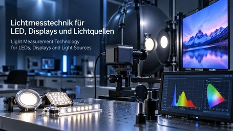 Ulbrichtkugel und Messkamera auf einer optischen Bank vor LED-Modulen und Displays, daneben ein Monitor mit Spektrum und Farbraumdiagramm – Lichtmesstechnik für LED, Displays und Lichtquellen