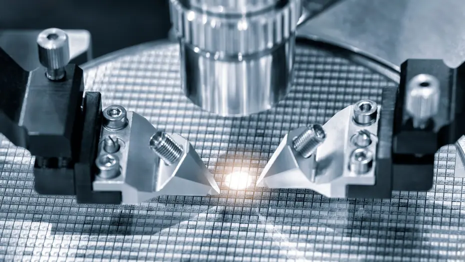 Zwei Messspitzen über einem Silizium-Wafer mit Chip-Raster unter einem Mikroskopobjektiv, ein Die leuchtet hell auf