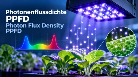 LED-Modul über Jungpflanzen, Photonen als Pfeile auf ein Blatt gerichtet, links das Emissionsspektrum – Berechnung der Photonenflussdichte PPFD