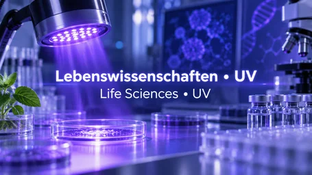 UV-LED-Bestrahler über Petrischalen im Labor, daneben Mikroskop, Vials und eine Pflanze – Life Sciences