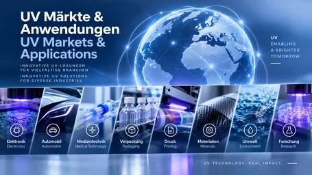 Vernetzte Weltkugel über einer Reihe von Branchenbildern für Elektronik, Automobil, Medizintechnik, Verpackung, Druck, Materialien, Umwelt und Forschung – UV-Märkte und Anwendungen