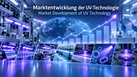 Steigende Balken und Wachstumskurve vor einer Weltkugel, darunter Bildstreifen aus UV-Anwendungen in Druck, Abfüllung, Automobilbau, Wasseraufbereitung und Elektronik