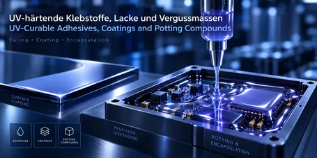 Dosiernadel trägt Vergussmasse auf eine bestückte Leiterplatte auf, daneben ein lackiertes Bauteil mit glänzender Oberfläche – UV-härtende Klebstoffe, Lacke und Vergussmassen